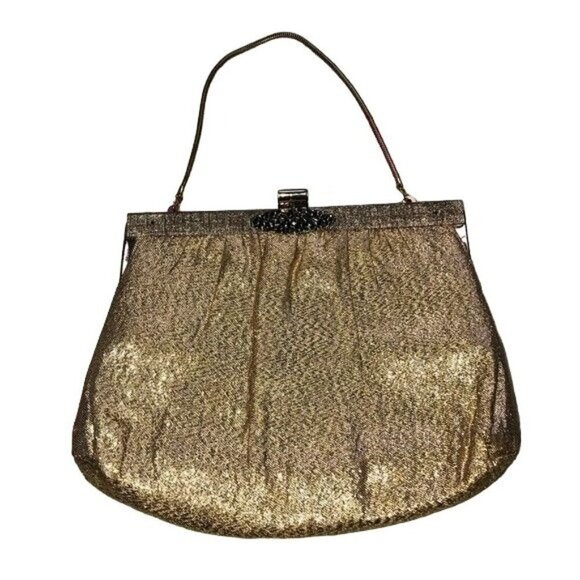Vintage Gold Handbag Fabric Satin Lined Evening Party Holiday Formal 60's - Picture 1 of 9